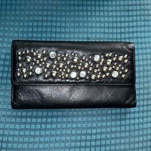 - HATO+ HASI Black Leather Stud and Gem Trifold  Ladies Wallet